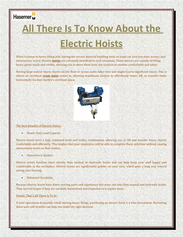 all there is to know about the electric hoists
