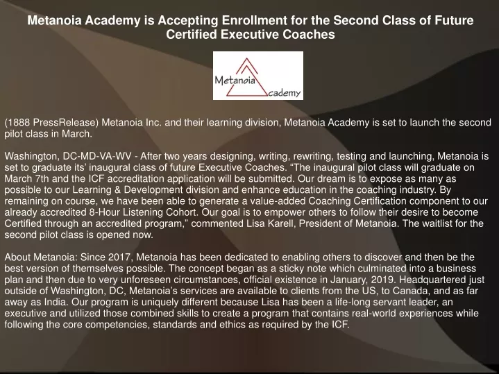 metanoia academy is accepting enrollment