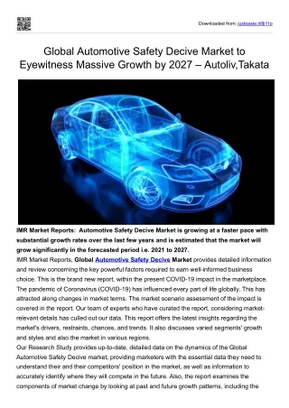 Global Automotive Safety Decive Market to Eyewitness Massive Growth by 2027