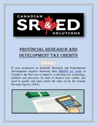 Provincial Research and Development Tax Credits