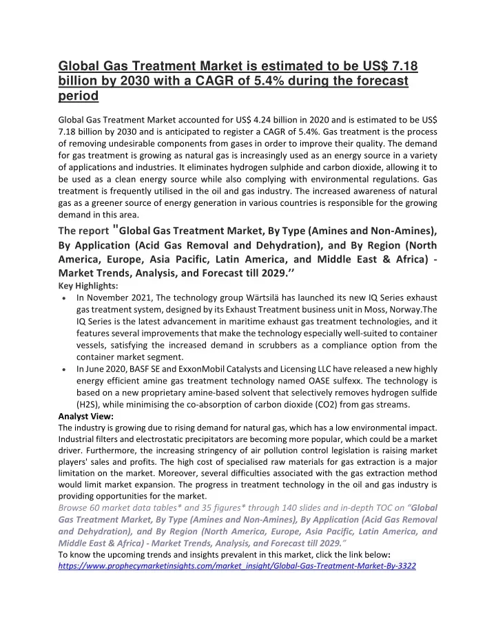 global gas treatment market is estimated