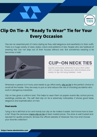 Clip On Tie- A “Ready To Wear” Tie for Your Every Occasion!