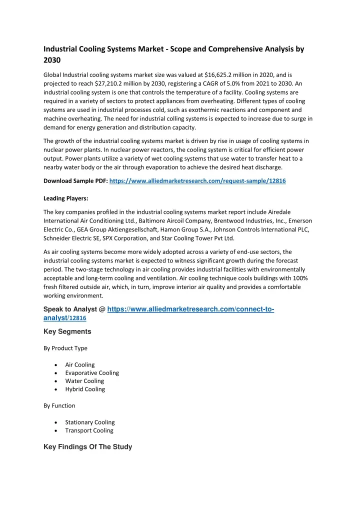 industrial cooling systems market scope