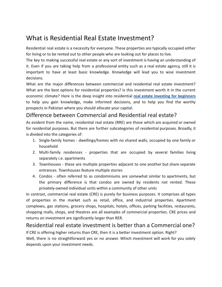 what is residential real estate investment