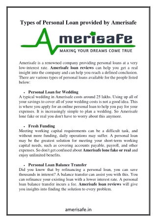 Types of Personal Loan provided by Amerisafe