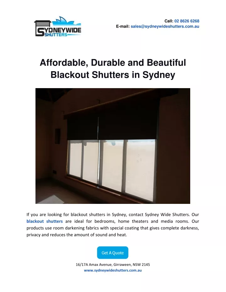 call 02 8626 6268 e mail sales@sydneywideshutters