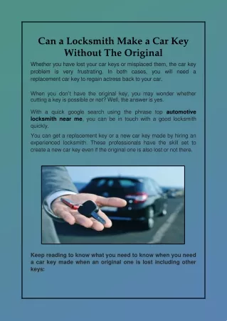 Can a Locksmith Make a Car Key Without The Original