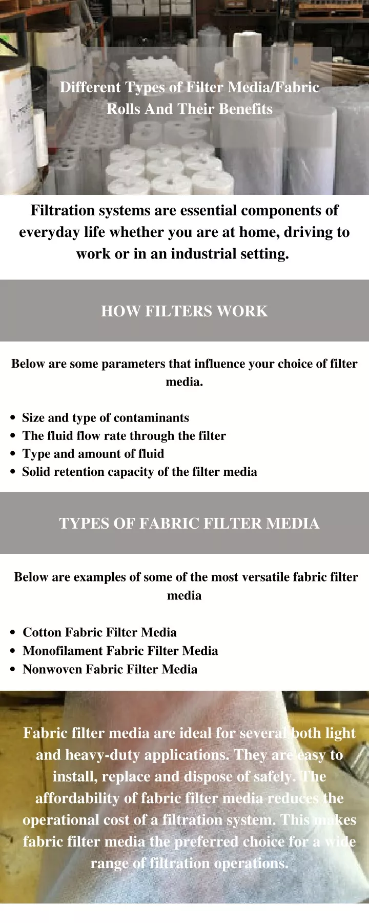 different types of filter media fabric rolls
