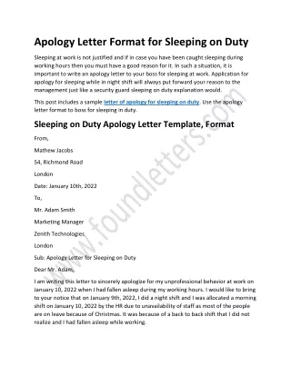 Apology Letter Format for Sleeping on Duty - Apology Letter Sample