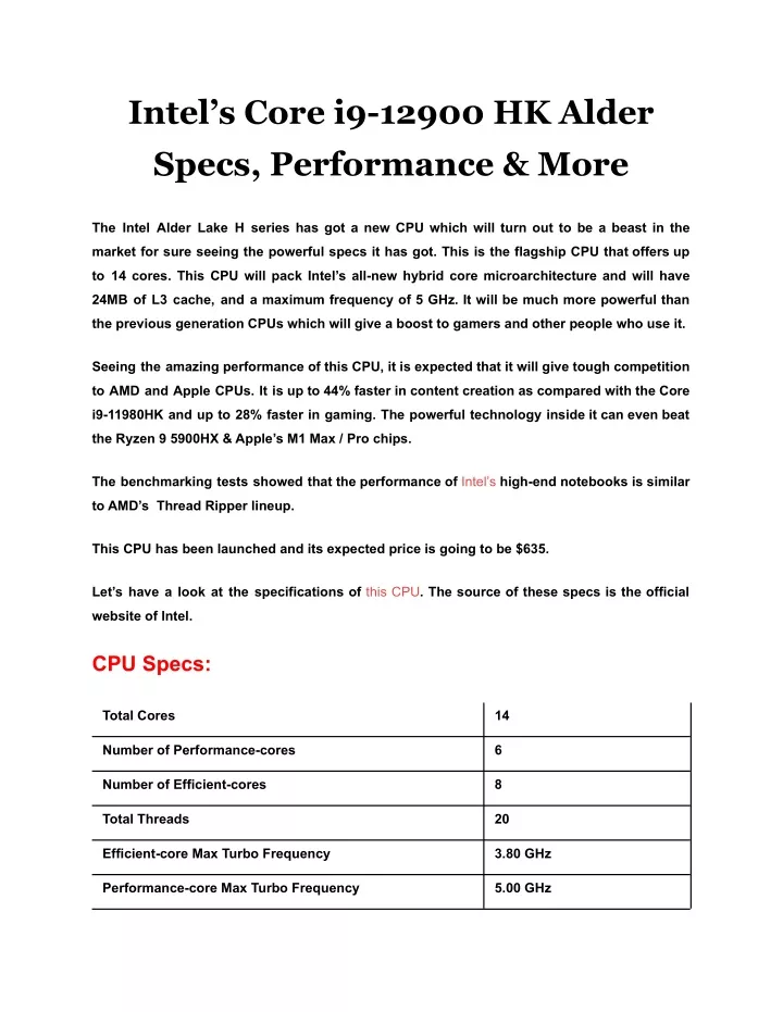 intel s core i9 12900 hk alder specs performance