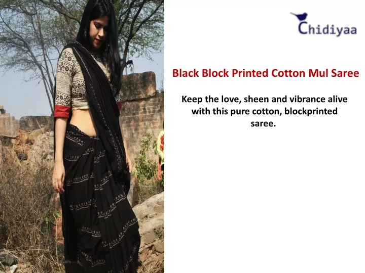black block printed cotton mul saree