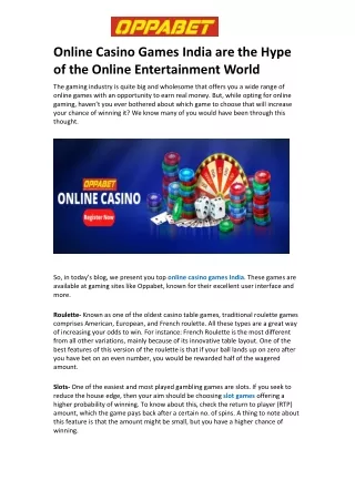 Online Casino Games India are the Hype of the Online Entertainment World