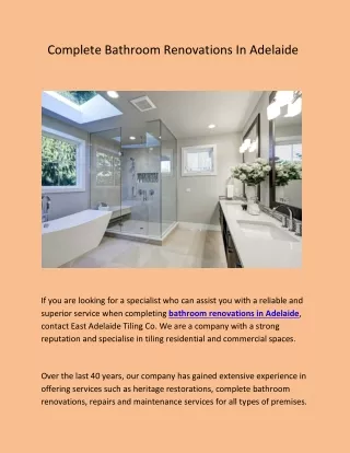 Complete Bathroom Renovations In Adelaide