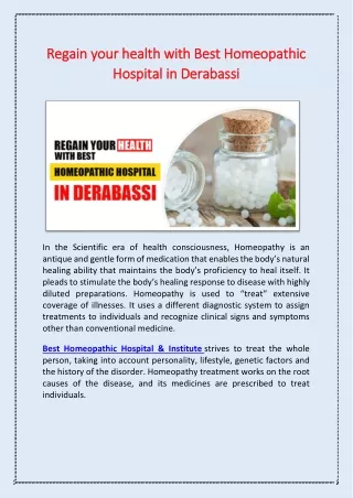 Regain your health with Best Homeopathic Hospital in Derabassi