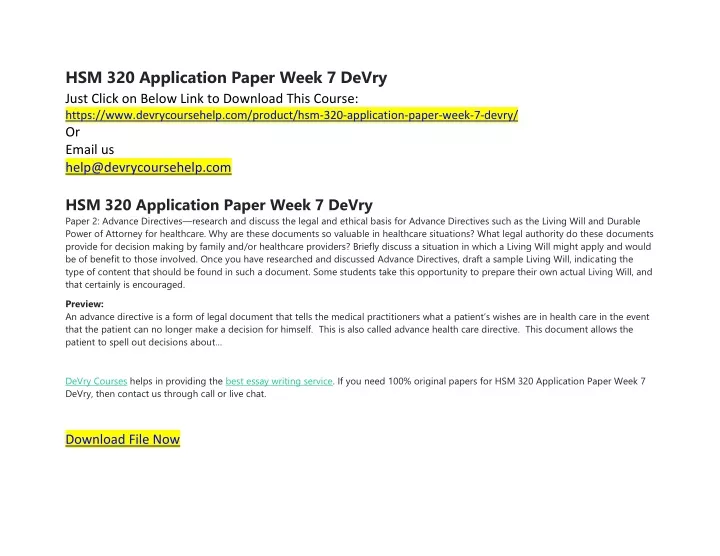 hsm 320 application paper week 7 devry just click