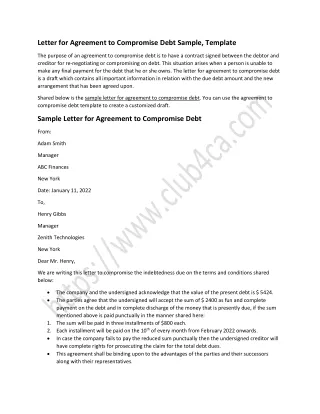Debt Compromise Agreement Template Sample Letter Format