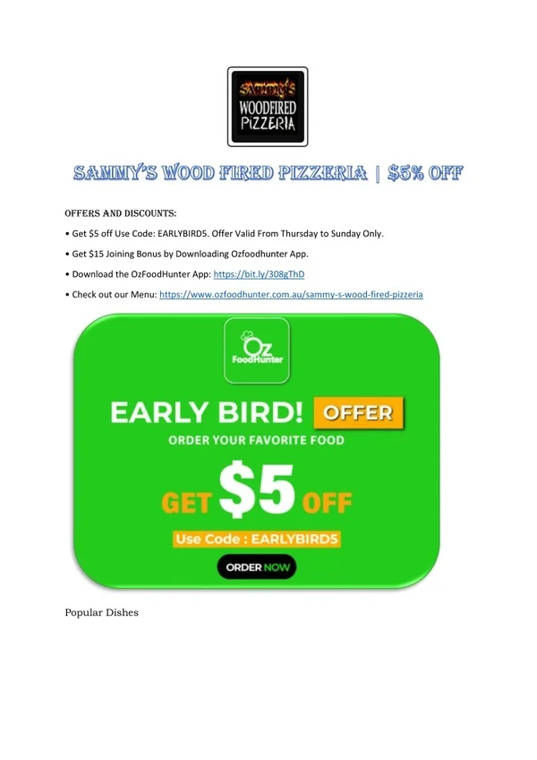 Sammy’s wood fired pizzeria EARLYBIRD