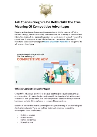 Ask Charles Gregoire De Rothschild The True Meaning Of Competitive Advantage