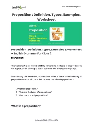 Preposition : Definition, Types & Worksheet - English Grammar For Class 2