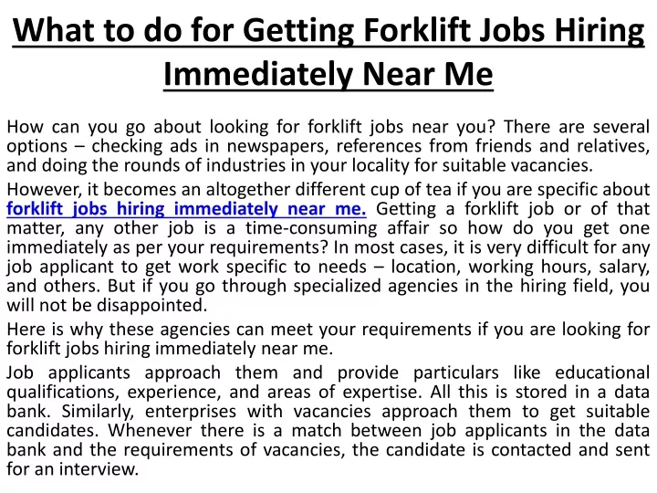 what to do for getting forklift jobs hiring immediately near me