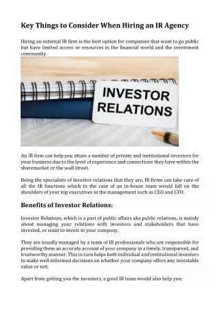 Key things to consider when hiring an IR agency