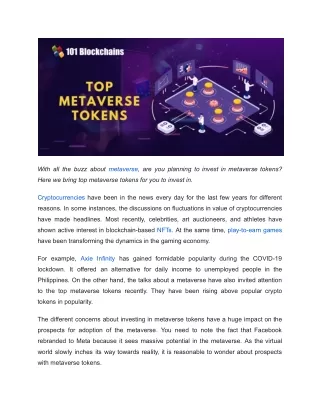 Top 5 Metaverse Tokens To Watch
