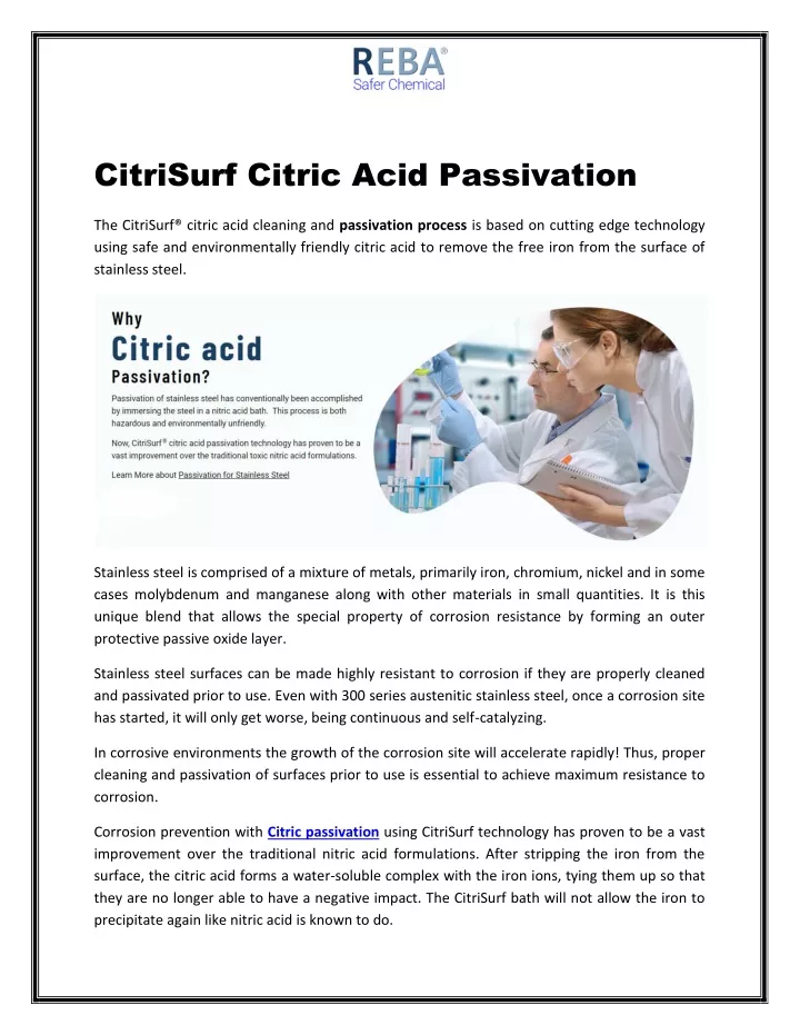 citrisurf citric acid passivation