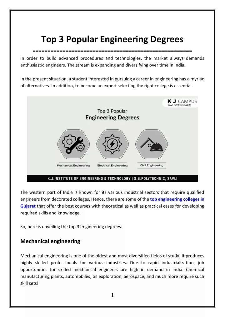 top 3 popular engineering degrees