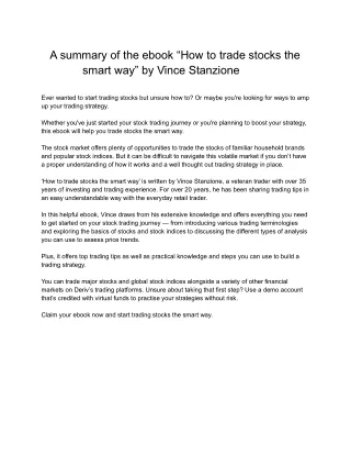 A summary of the ebook “How to trade stocks the smart way” by Vince Stanzione
