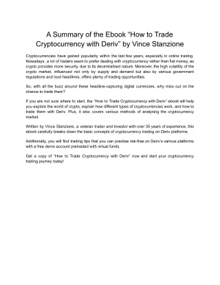 A summary of the ebook “How to Trade Cryptocurrency with Deriv”