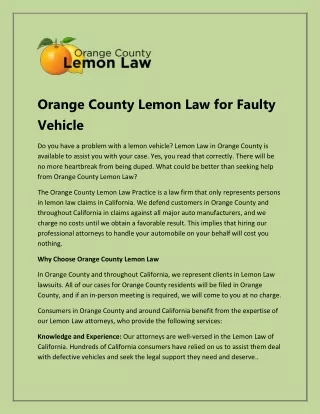 Orange County Lemon Law for Faulty Vehicle