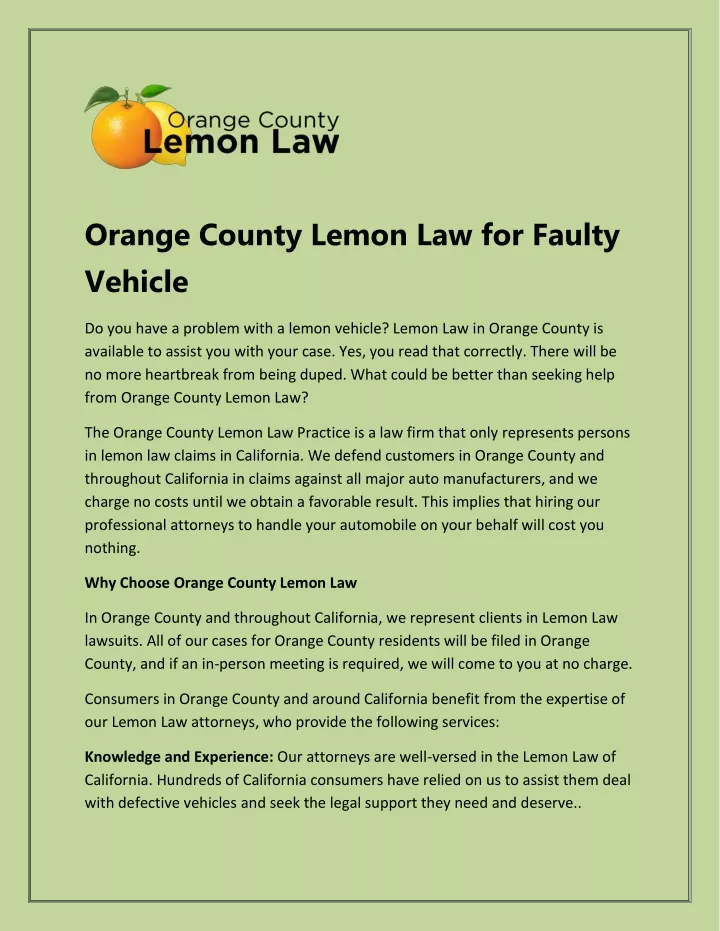 orange county lemon law for faulty vehicle