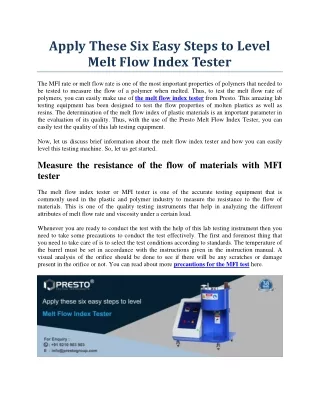 Apply These Six Easy Steps to Level Melt Flow Index Tester