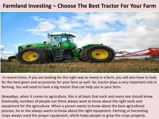 Farmland Investing – Choose The Best Tractor For Your Farm