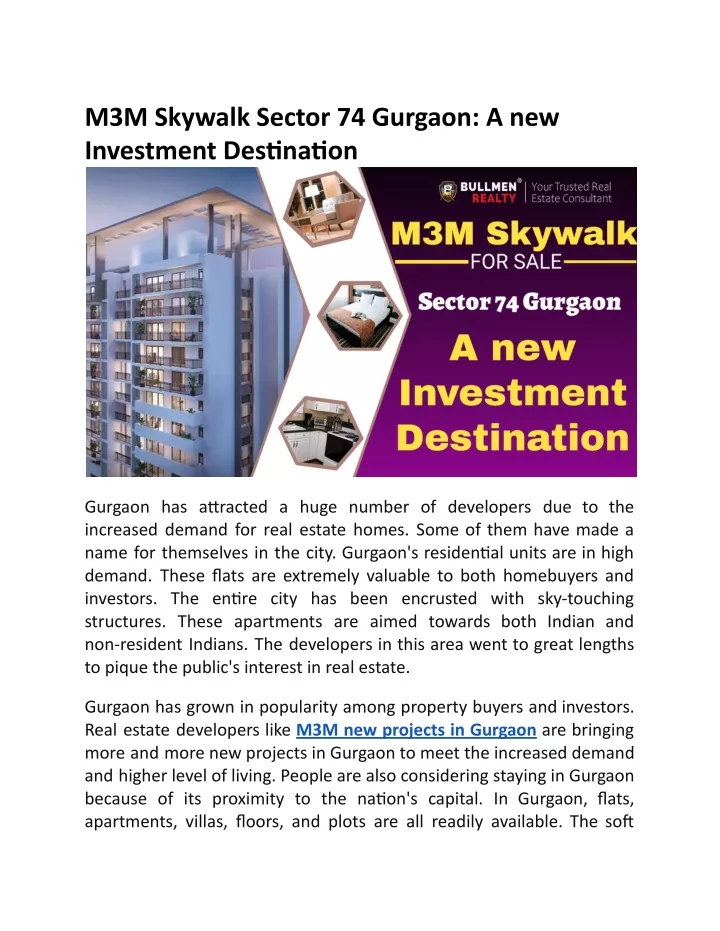 m3m skywalk sector 74 gurgaon a new investment