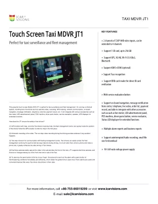 Touch Screen Taxi MDVR JT1 Spec Sheet