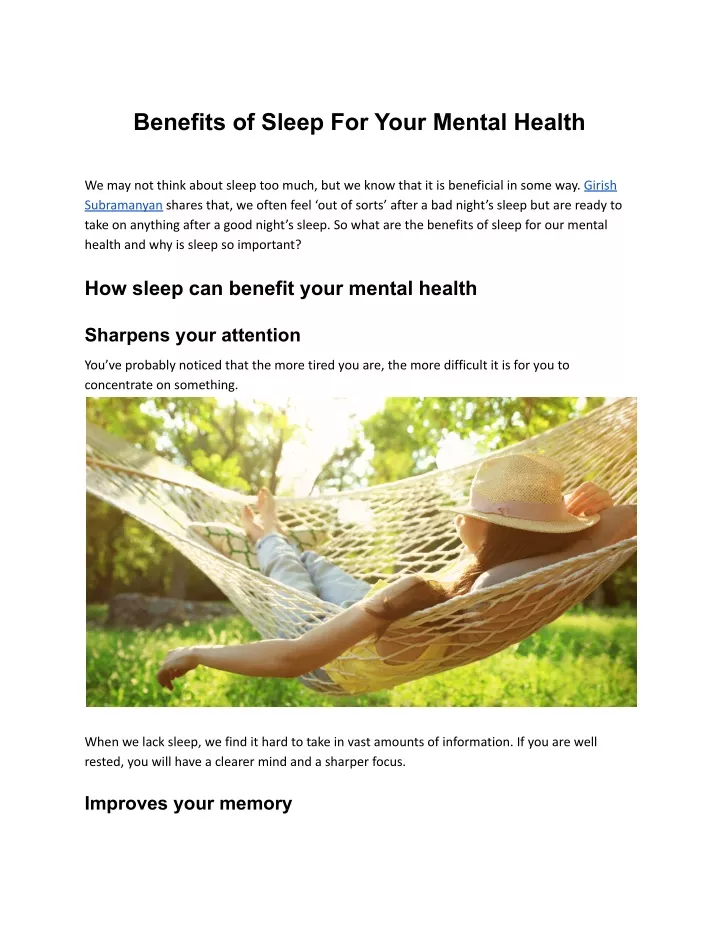 benefits of sleep for your mental health