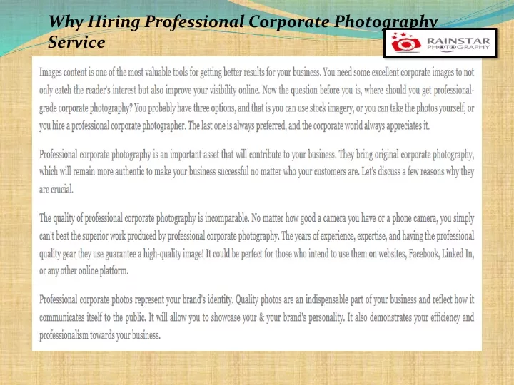 why hiring professional corporate photography