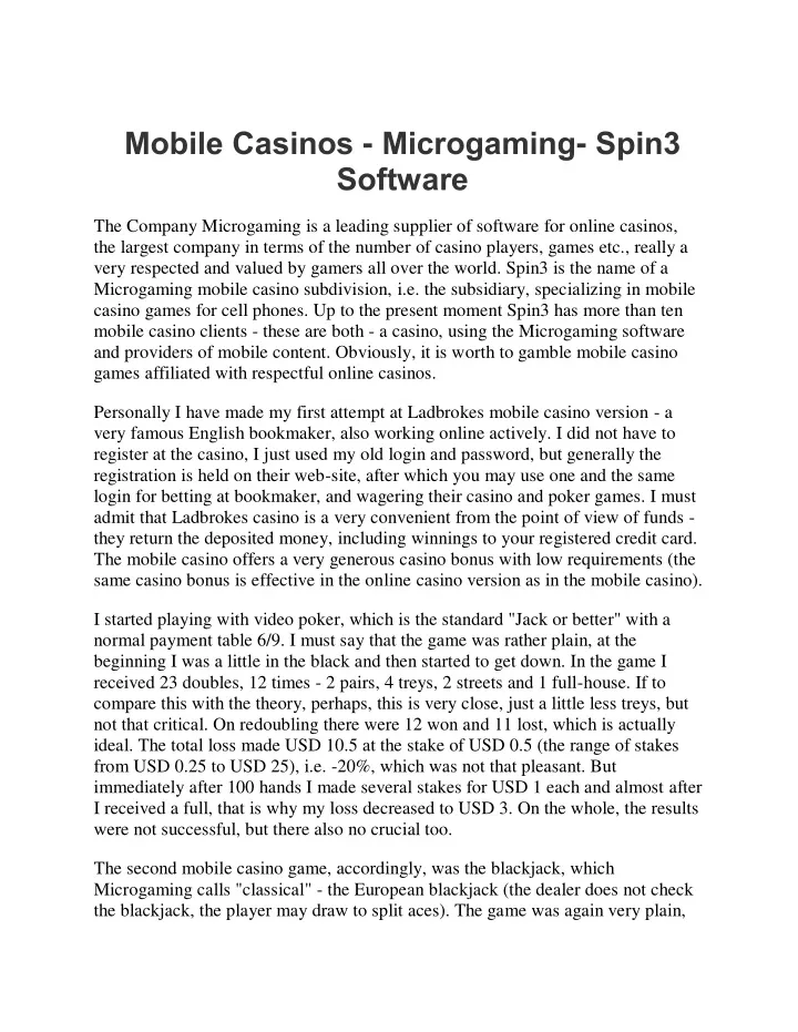 mobile casinos microgaming spin3 software