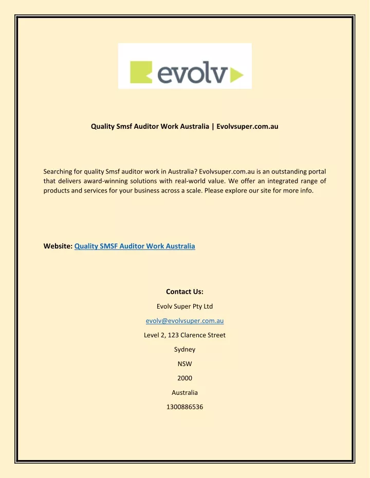 quality smsf auditor work australia evolvsuper