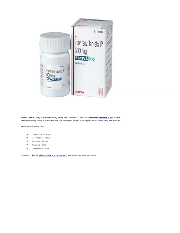 efavirenz tablet 600mg is manufactured by hetero