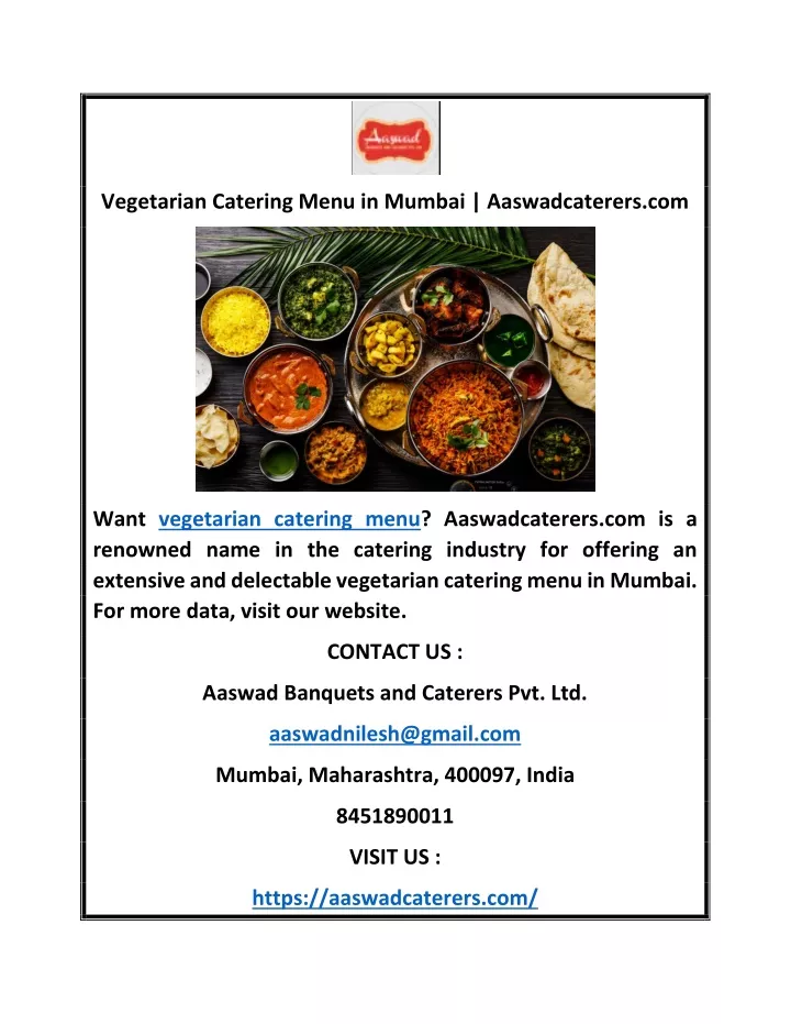vegetarian catering menu in mumbai aaswadcaterers