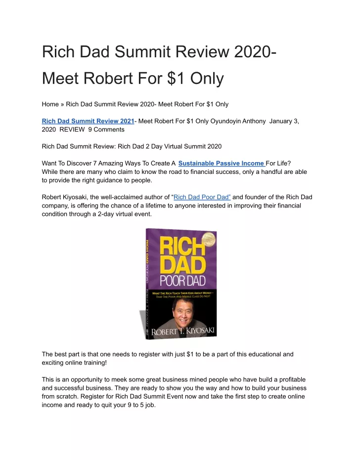 rich dad summit review 2020 meet robert for 1 only