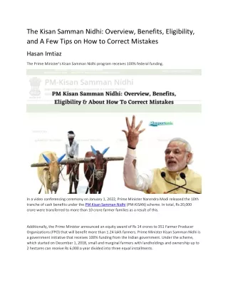 The Kisan Samman Nidhi Overview, Benefits, Eligibility, and A Few Tips on How to Correct Mistakes.