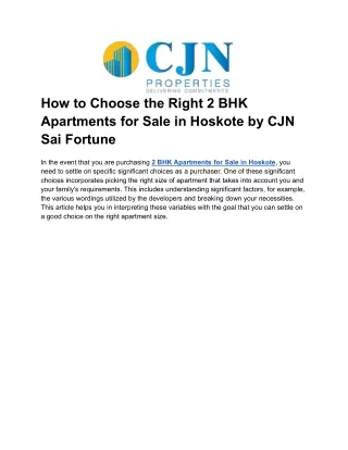 How to Choose the Right 2 BHK Apartments for Sale in Hoskote by CJN Sai Fortune