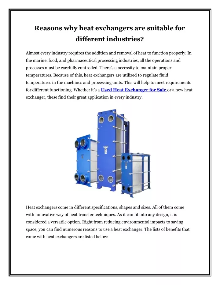 reasons why heat exchangers are suitable