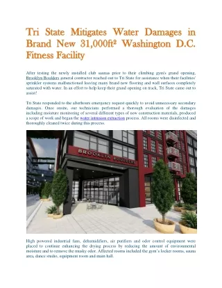 Tri State Mitigates Water Damages in Brand New 31,000ft² Washington D.C. Fitness Facility