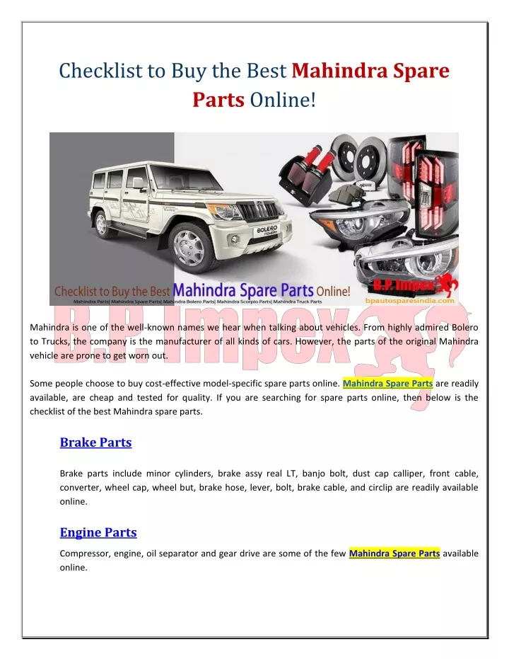 checklist to buy the best mahindra spare parts