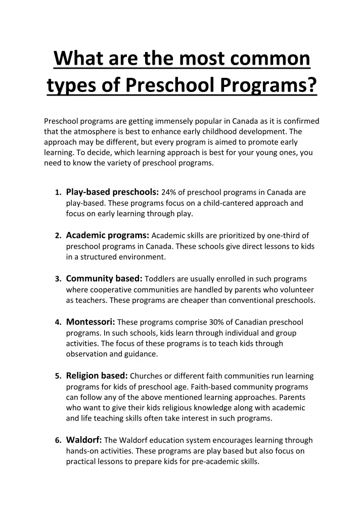 what are the most common types of preschool