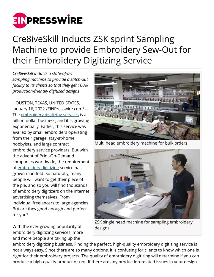 cre8iveskill inducts zsk sprint sampling machine